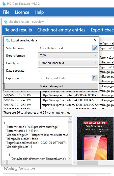 Application screenshots - data export