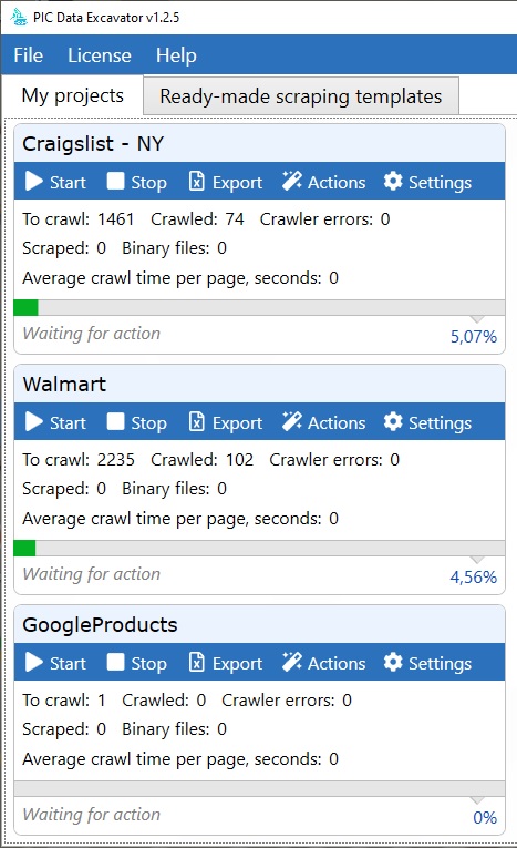 Application screenshots - projects dashboard
