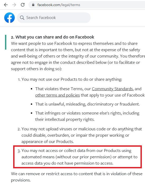 Facebook scraping restrictions